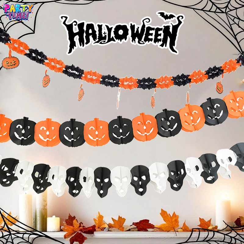 ธงกระดาษดอกไม้สามมิติฮาโลวีน ความยาว 3 เมตร  🎃Halloween🎃แบนเนอร์ตกแต่งลายฟักทองและหัวกะโหลก สำหรับตกแต่งปาร์ตี้ฮาโลวีน