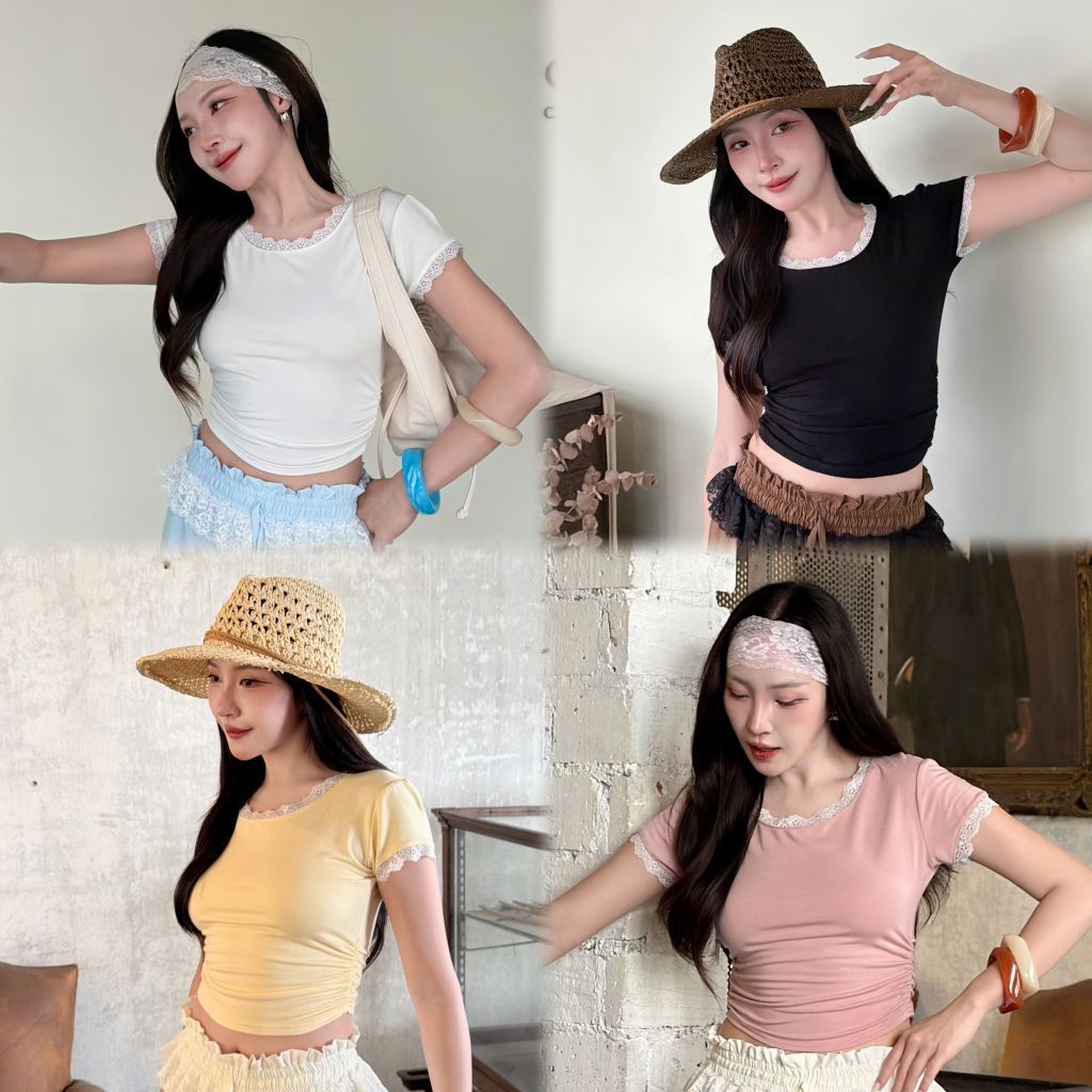 LACEY BABY TEE เสื้อครอปแขนสั้นขอบลูกไม้ ผ้าเรย่อน