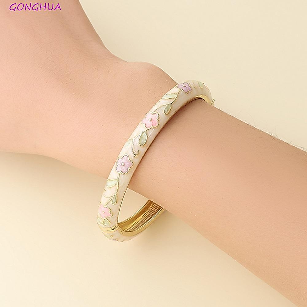 กงฮวา Cloisonne สร้อยข้อมือ,โลหะผสมสังกะสีดอกไม้แบบดอกสร้อยข้อมือเคลือบ,เครื่องประดับผู้หญิงเปิดออกแบบสไตล์ชนบทวินเทจผู้หญิงกําไลข้อมือสา