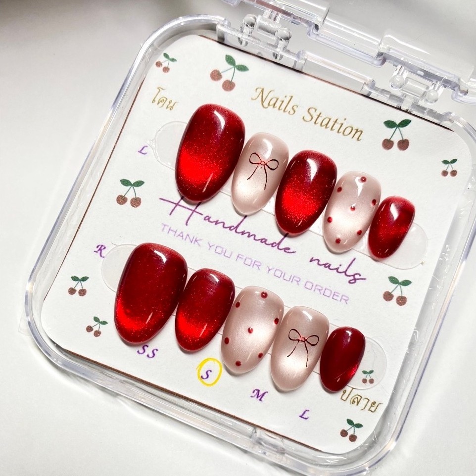 เล็บลูกแก้วสีแดง BowlCherry05 เล็บปลอมสำเร็จรูปพร้อมติด เลือกทรงได้ งานแฮนด์เมด PVCและสีเจลคุณภาพสูง ฟรีกาว-ตะไบ