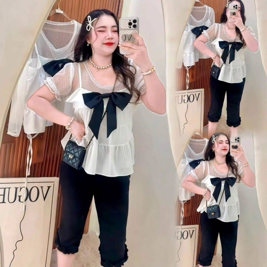 SETเสื้อซีทรูแต่งโบว์น่ารักม๊ากกก #สาวอวบ