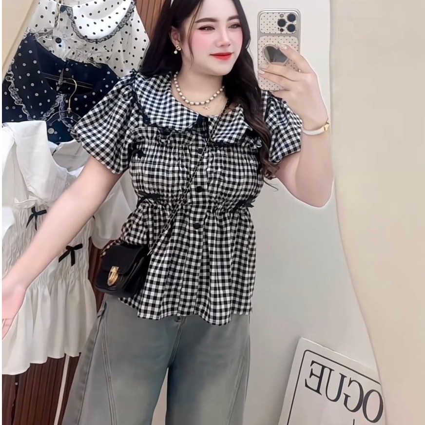 เสื้อคอบัวติดโบว์แขนตุ๊กตางานปังอก34-46“;เฉพาะเสื้อ) #สาวอวบ