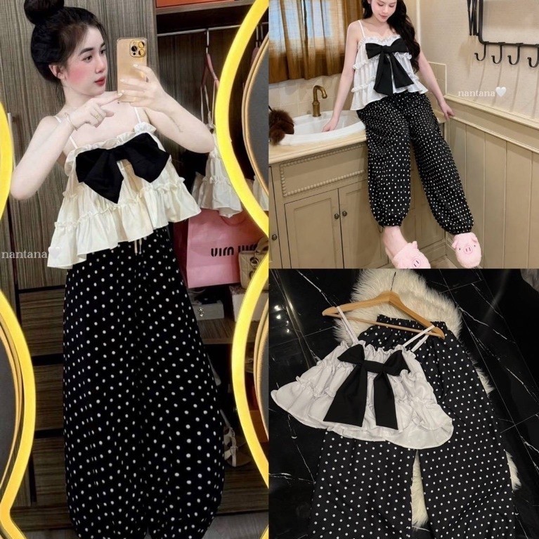 hmwe shop ชุดเซ็ตเสื้อแขนตุ๊กตาผูกหน้าระบายหวาน ๆ + กางเกงลายตารางสุดคิวท์