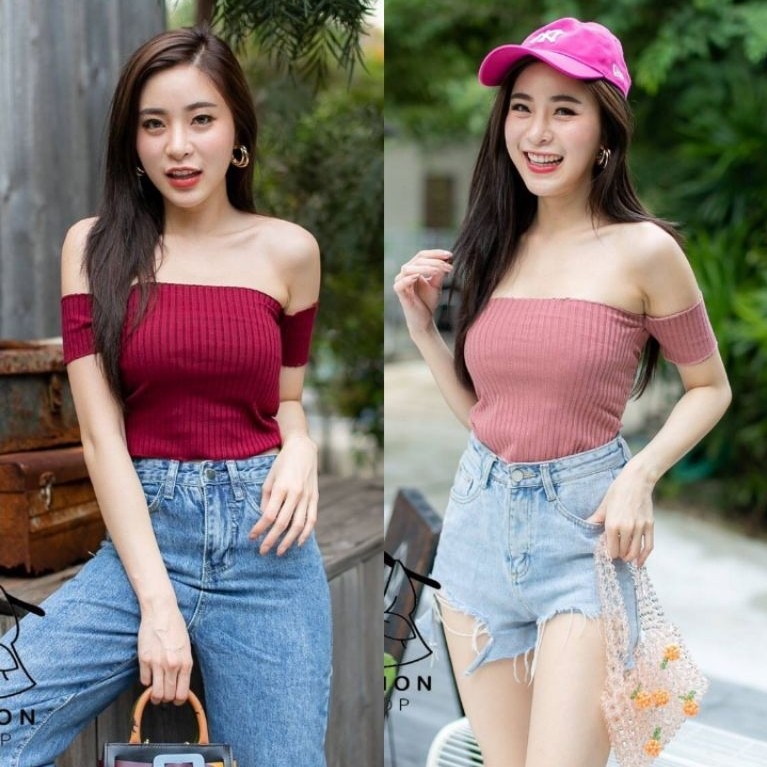 maymuse เสื้อเกาะอกปาดไหล่ต่อแขนผ้าร่อง