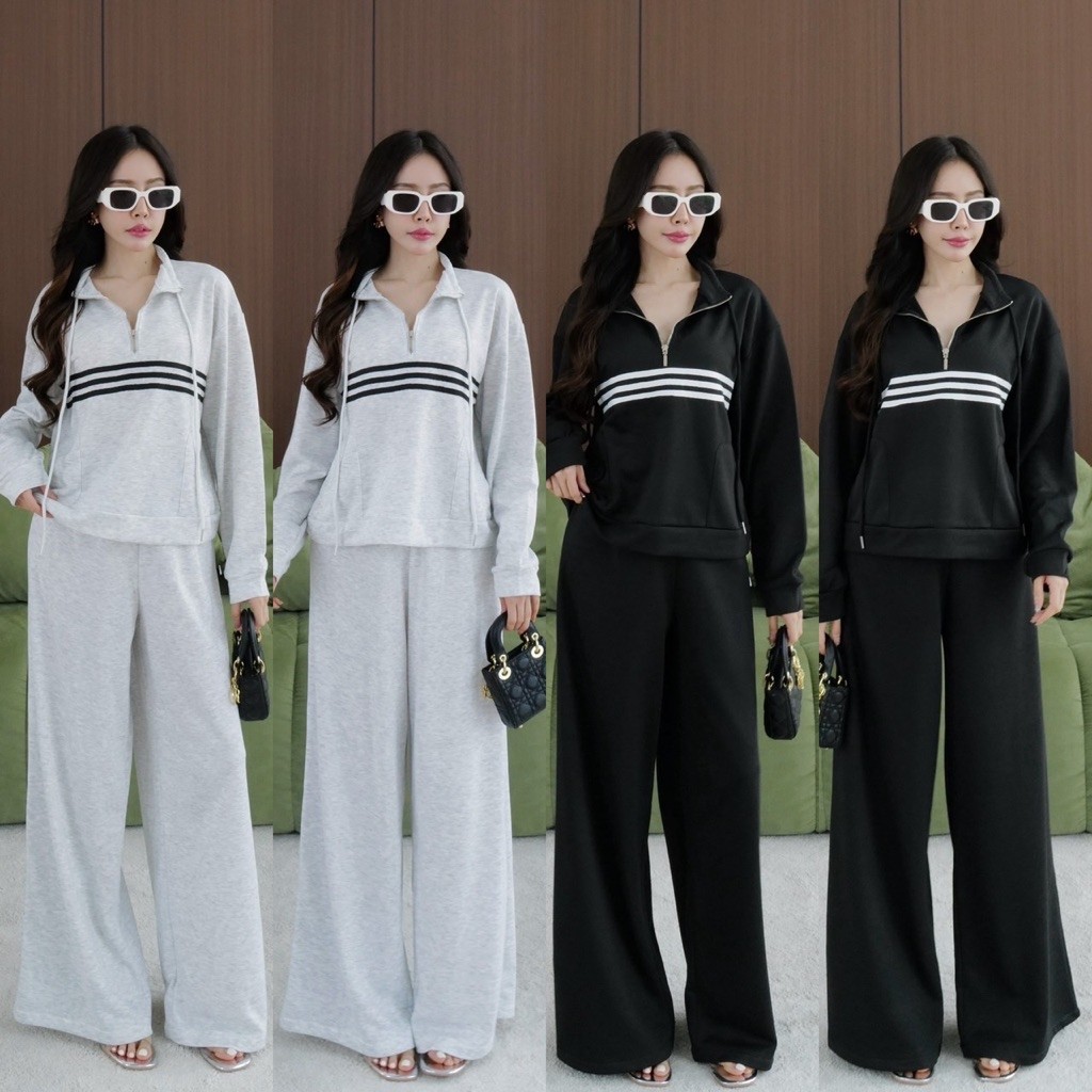 FK : เซ็ต 2 ชิ้น เสื้อแขนยาว คอปก ซิปคอ เชือกรูด ลาย 3 แถบ กับ กางเกง ขายาว Airport Look สปอร์ต แมทก