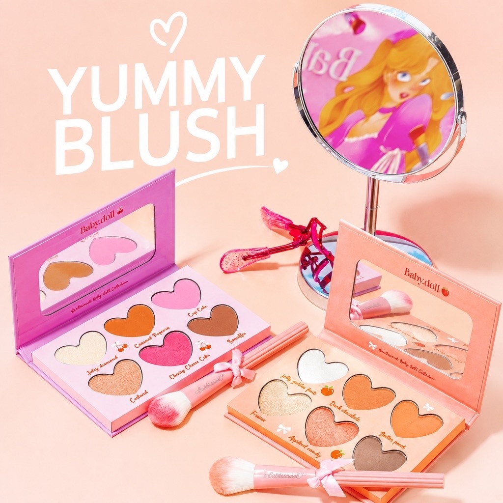 BABY DOLL 6-in-1 Palette พาเลทเดียวครบ บลัช อาย ไฮไลท์ คอนทัวร์ ดอลลี่อาย เนื้อเนียน เบลนด์ง่าย ฟรี Fluffy Brush