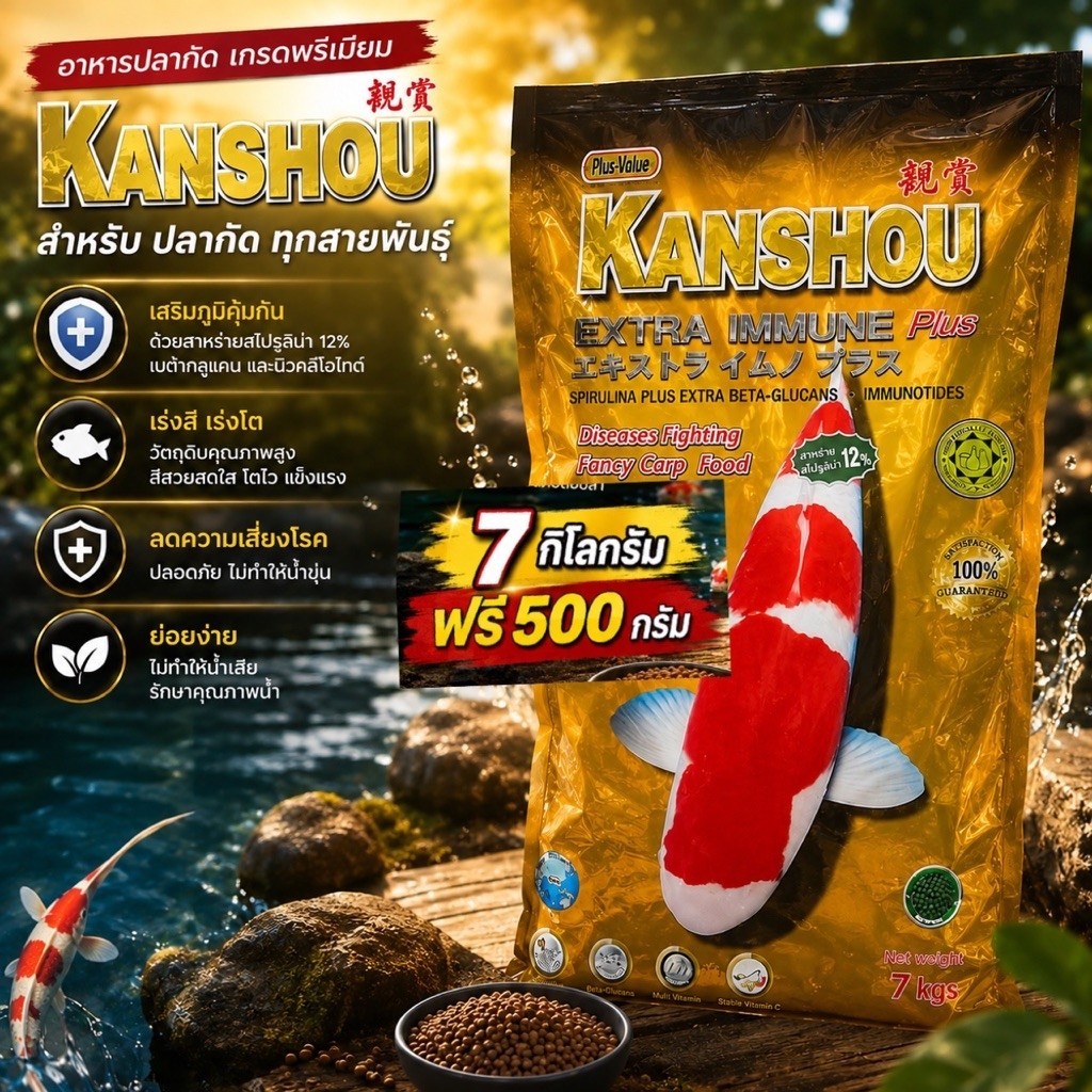 อาหารปลาคร๊าฟคันโช สีทอง KANSHOU 7.5kg. ผสมสาหร่ายเร่งสี12% เร่งสีเร่งโตสูงสุด ช่วยดูแลน้ำอย่างดี