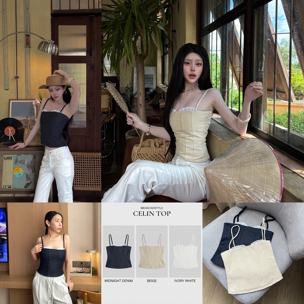 Celin Topเสื้อสายเดี่ยวเก็บทรงเบสิคเข้ารูปสายเดี่ยวคลาสสิค