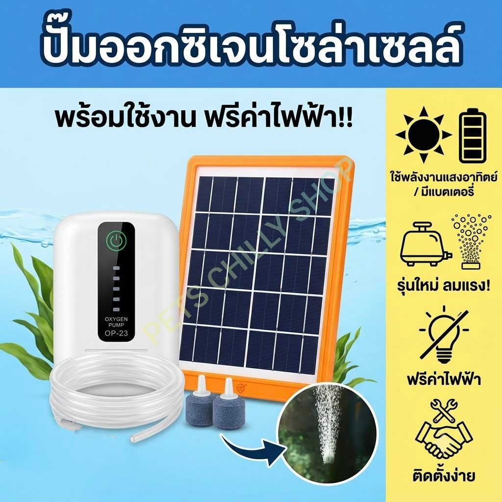 ปั๊มออกซิเจนเก็บไฟได้ แผงโซล่าเซลล์รุ่นใหม่ลมแรง pump solar cell