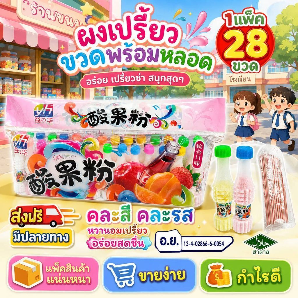 28ขวด ผงเปรี้ยวจี๊ดจ๊าด ใส่มาในขวด รุ่นฮิต ขายดีสุดๆ ทานแล้วเพลิน พร้อมหลอดค่ะ คละสี รสผลไม้รวม คละสีผง น่ารักค่ะ