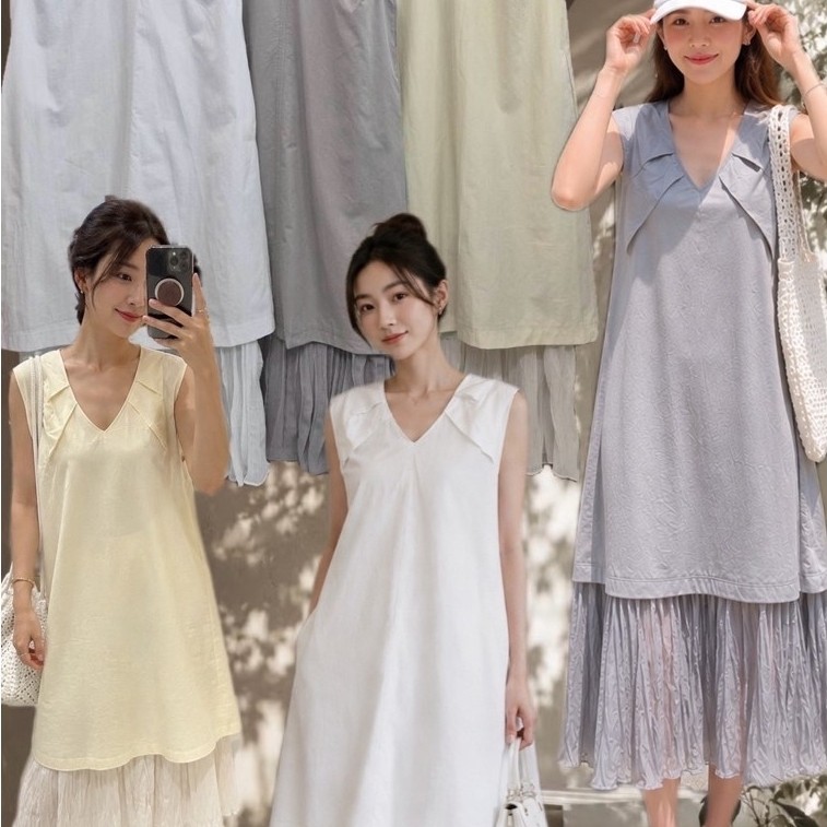 Cotton V Patch Pleat Sleeveless Maxi Dress