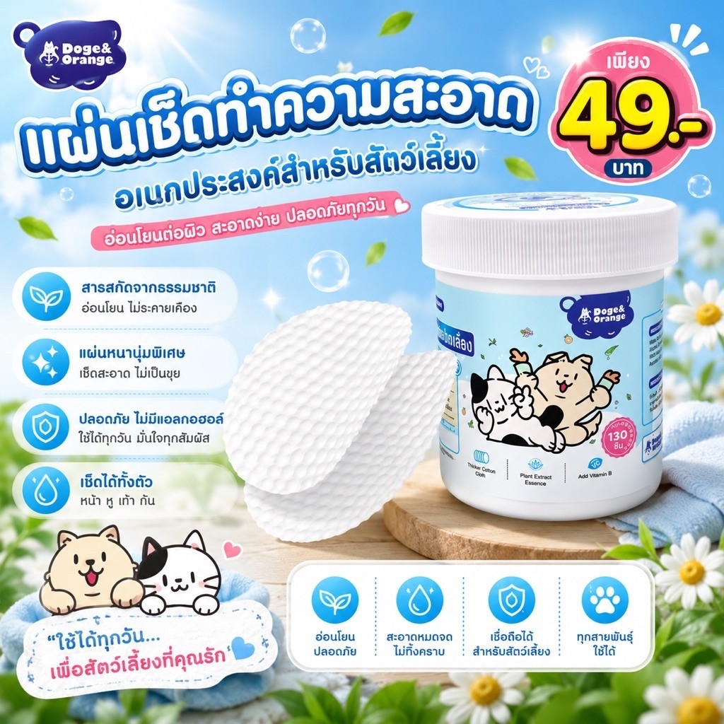 ผ้าเปียก Doge&Orange สำหรับสัตว์เลี้ยง 130 ชิ้น ไม่มีแอลกอฮอล์