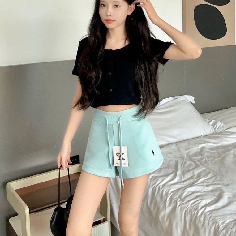 Lady_jeans#1029(K)กางเกงขาสั้นปัก โลโก้ Polo ขอบเอวเรียบมีเชือกผูกหน้า
