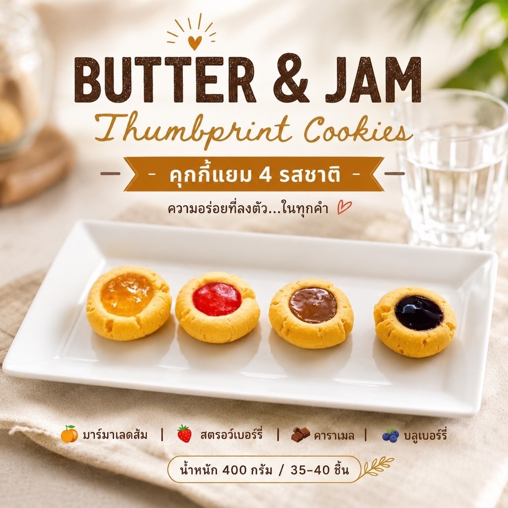 คุกกี้แยม 4 รสชาติ (Butter & Jam Thumbprint Cookies) ความหวานและเปรี้ยวจากแยม ทำให้คุกกี้ธรรมดาๆ อร่อยมากขึ้น