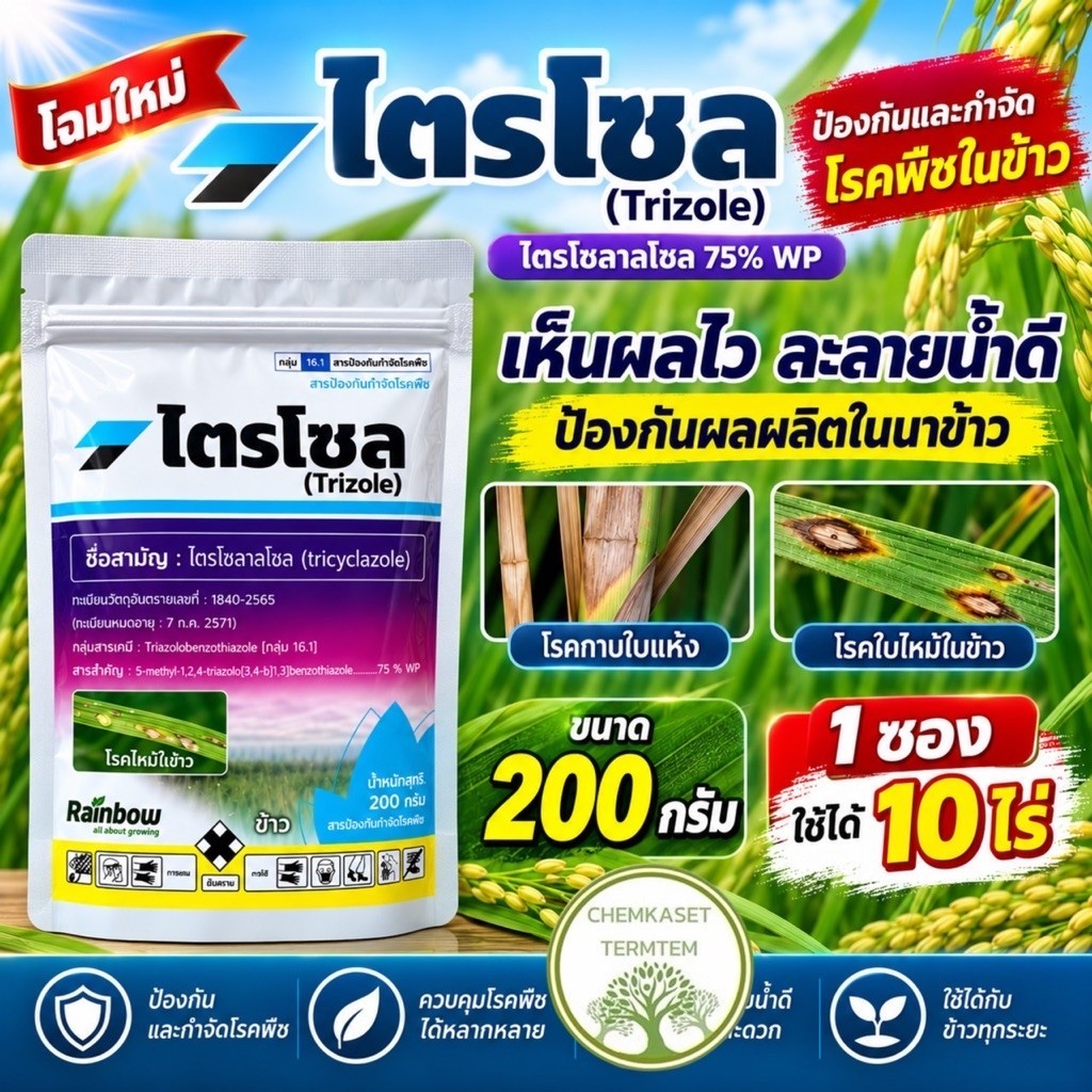 ไตรโซล ขนาด 200กรัม ตราเรนโบว สารไตรไซคลาโซล75%WP ตัวเดียวกับ"บีม"(โรคใบไหม้ในนาข้าว/เน่าคอรวง)