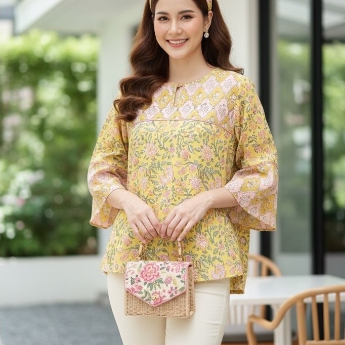 L42เสื้อคอกลมเจาะแขนยาวทรงกระดิ่ง
