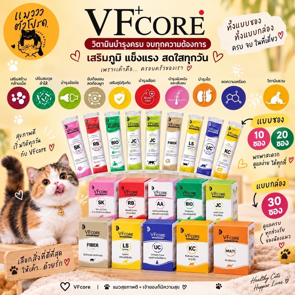 VFCORE+ ขนมแมวเลีย วิตามินเสริม  เสริมภูมิคุ้มกัน บำรุงเลือด ข้อต่อ ผิวหนังและเส้นขน ระบบขับถ่าย อื่ร
