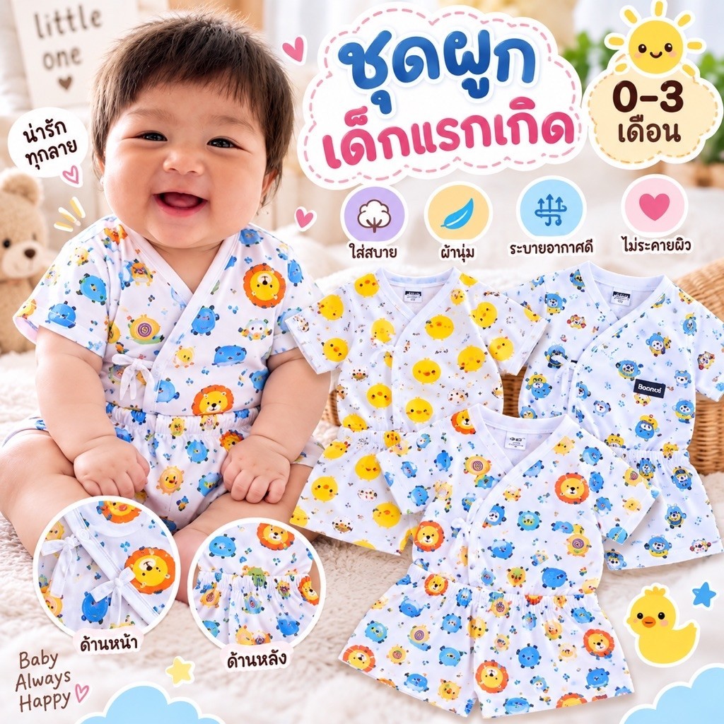 (3ชุด)ชุดผูกหน้าแขนสั้นขาสั้น ชุดผูกแรกเกิด-6เดือน
