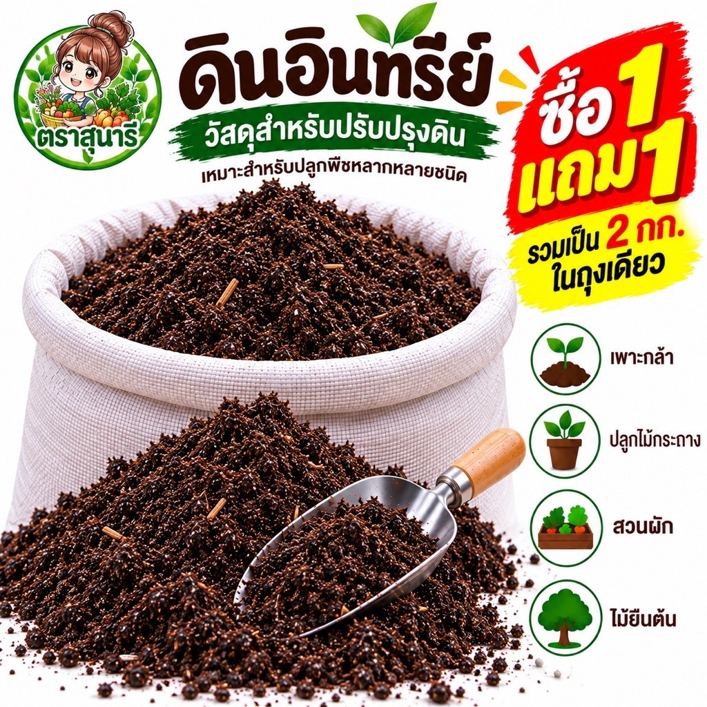 ดินอินทรีย์ชีวภาพ ตราสุนารี (1 กก.แถม 1 กก.รวมเป็น 2 กก.ในถุงเดียว)
