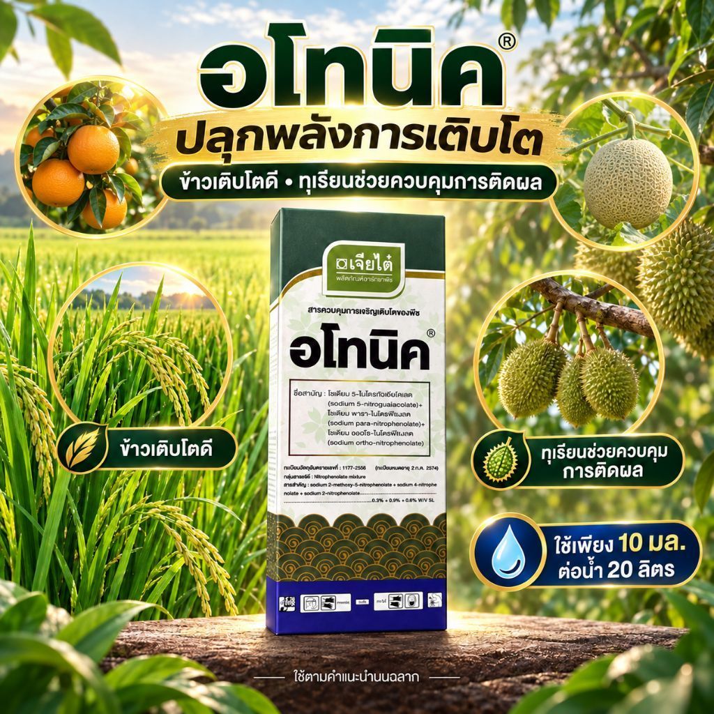 อโทนิค® สารควบคุมการเจริญเติบโตของพืช กลุ่มสารผสมไนโตรฟีโนเลต สูตรของเหลว SL เหมาะสำหรับใช้เสริมโปรแกรมดูแลพืชทุกชนิด