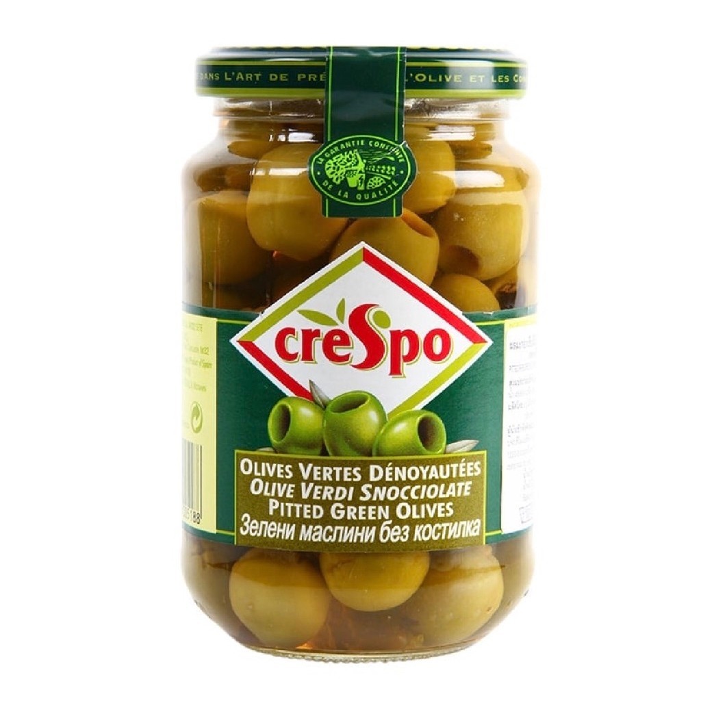 F/W/T Crespo pitted green olive 330g. คริสโป้ มะกอกเขียวไม่มีเม็ด ในน้ำเกลือ นำเข้า