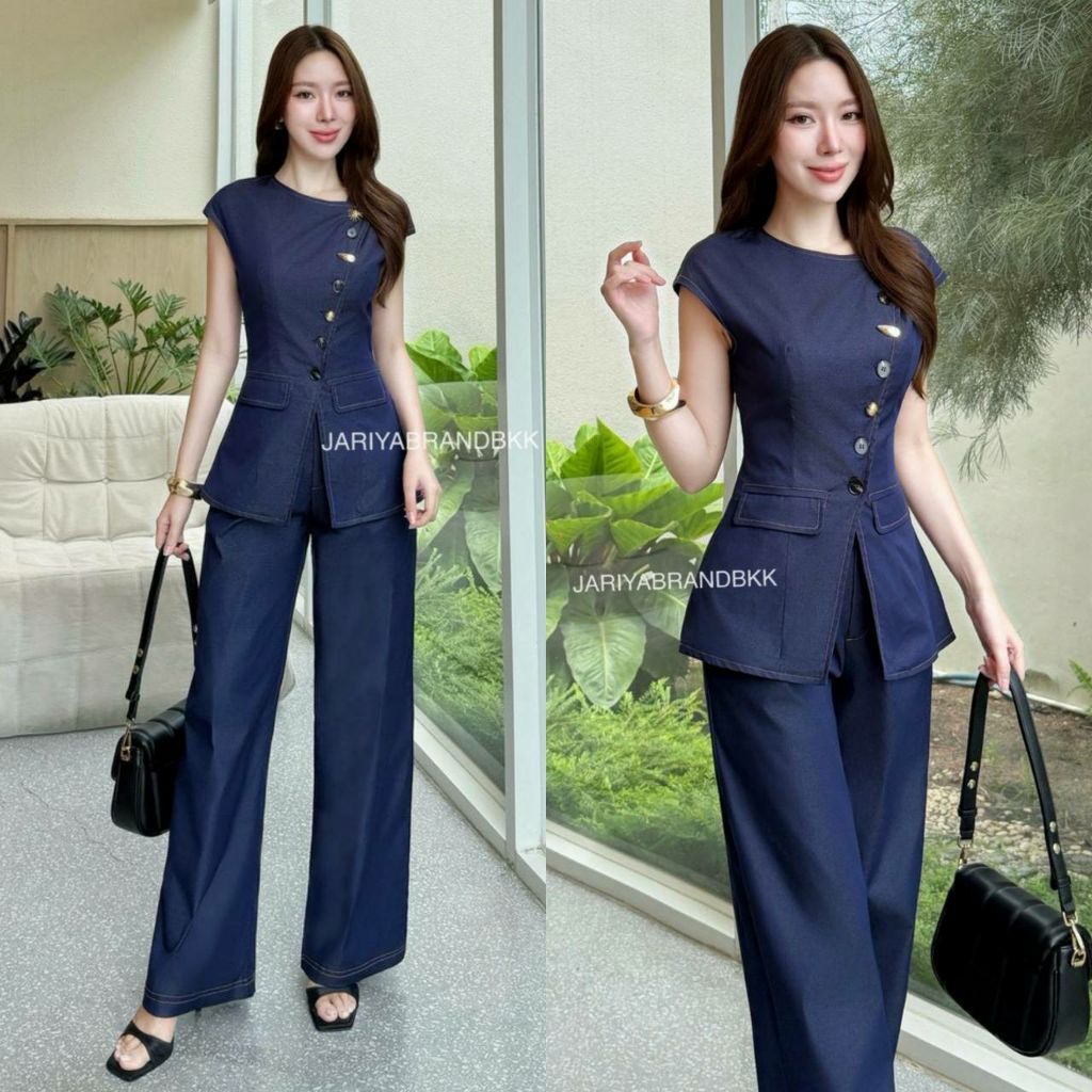 (S-XL) JARIYA 📣พร้อมส่งชุดเซ็ท2ขิ้นเสื้อยืนแขนสั้นมีกระดุมด้านหน้า+มาพร้อมกางเกงขายาวทรงสวยดูดี