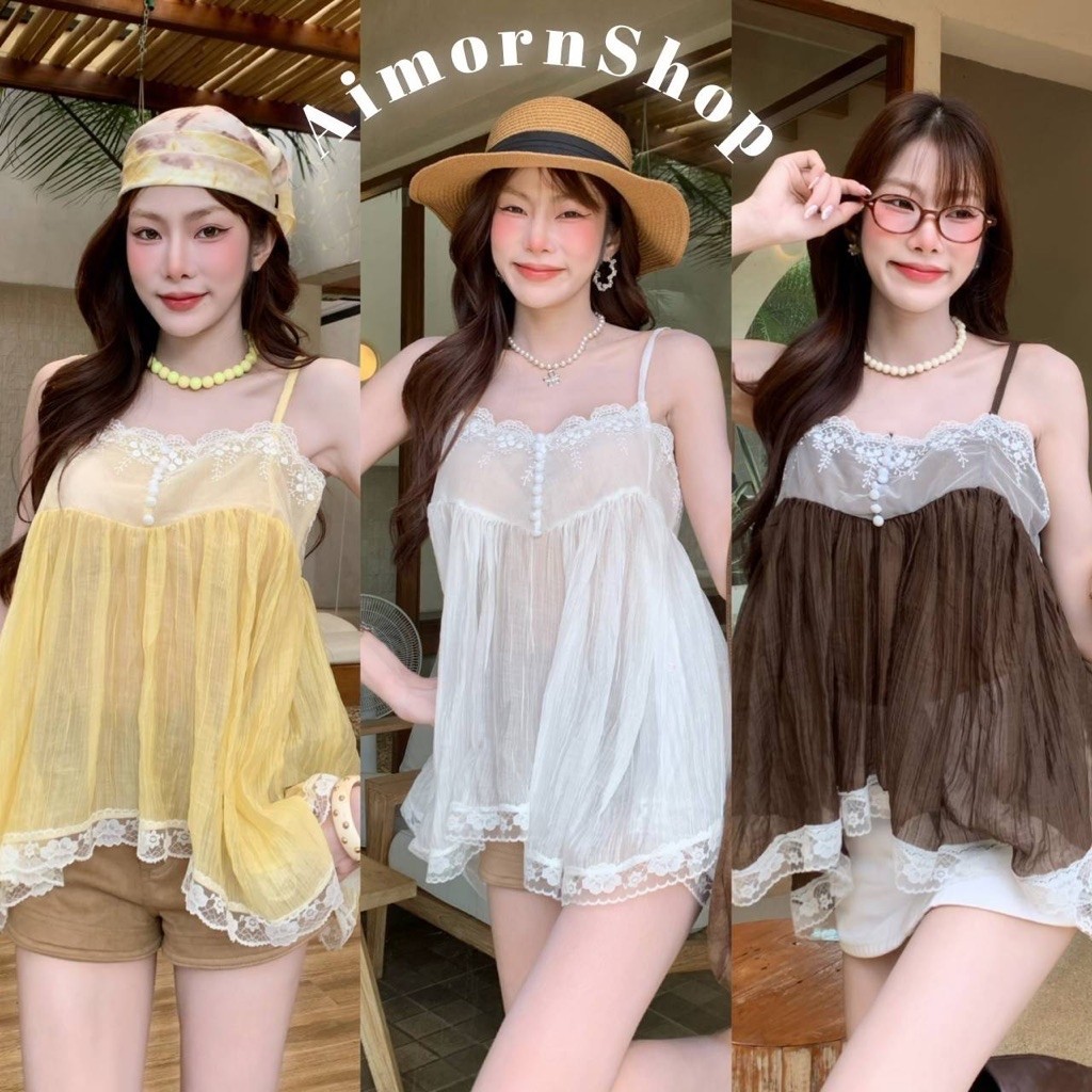 aimorn_shop เสื้อสายเดี่ยว เดินขอบลูกไม้ แต่งกระดุมหน้า ทรงปล่อย สวยหรูมาก