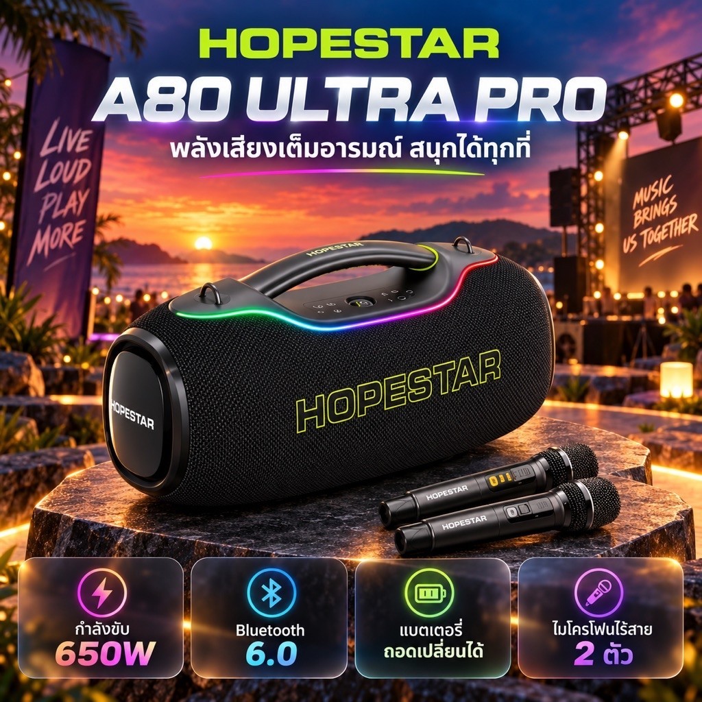 ลำโพง Hopestar A80 ULTRA PRO 650W + 2 microphoneไร้สาย