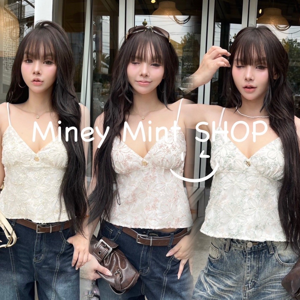 miniminey เสื้อสายเดี่ยว ผ้าปักวิ้งค์ ติดอะไหล่อก