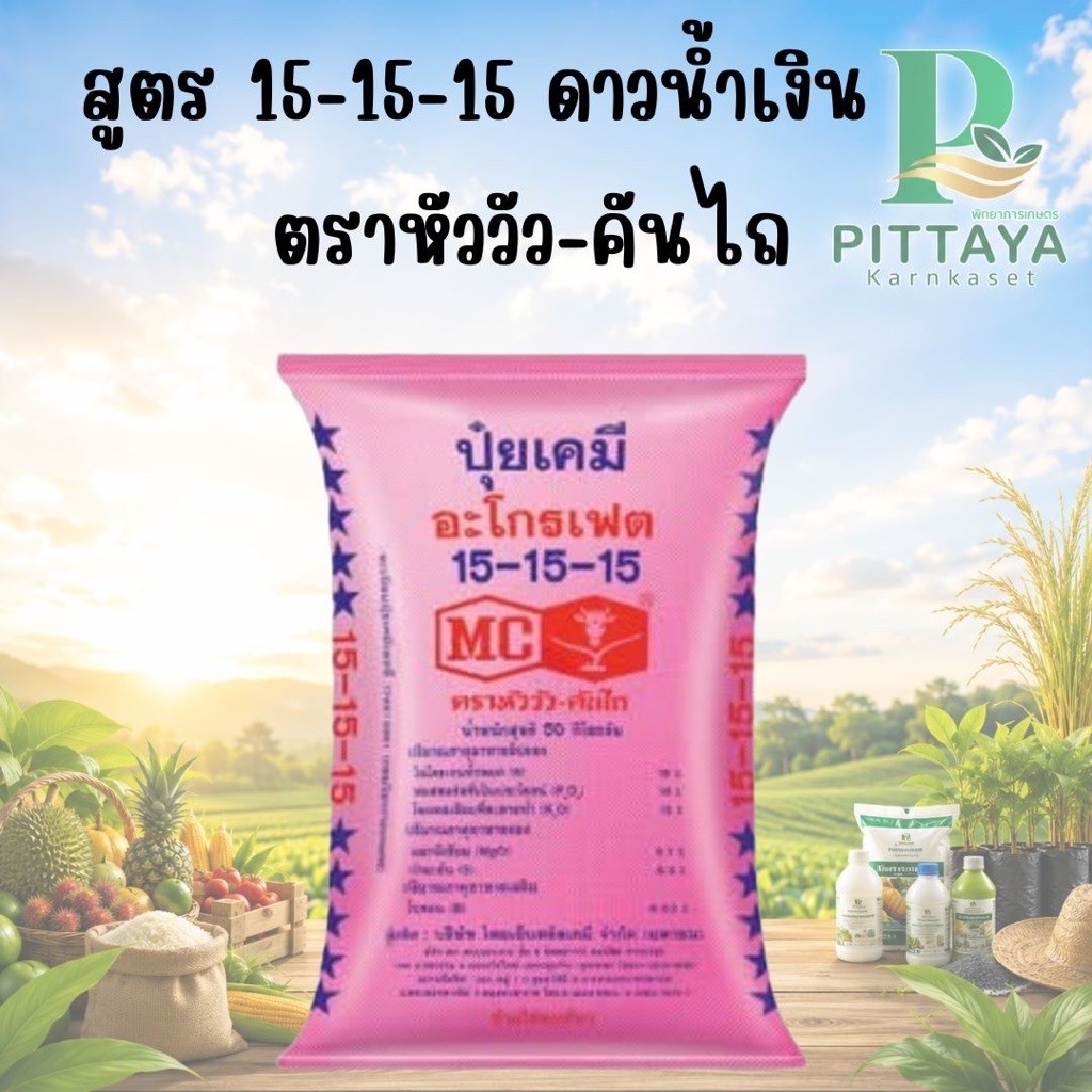 (ยกกระสอบ 50 กิโล) ปุ๋ย สูตร 15-15-15 ตรา หัววัว คันไถ (ดาวน้ำเงิน) สะสมธาตุอาหาร ครบ จบทุกระยะ​