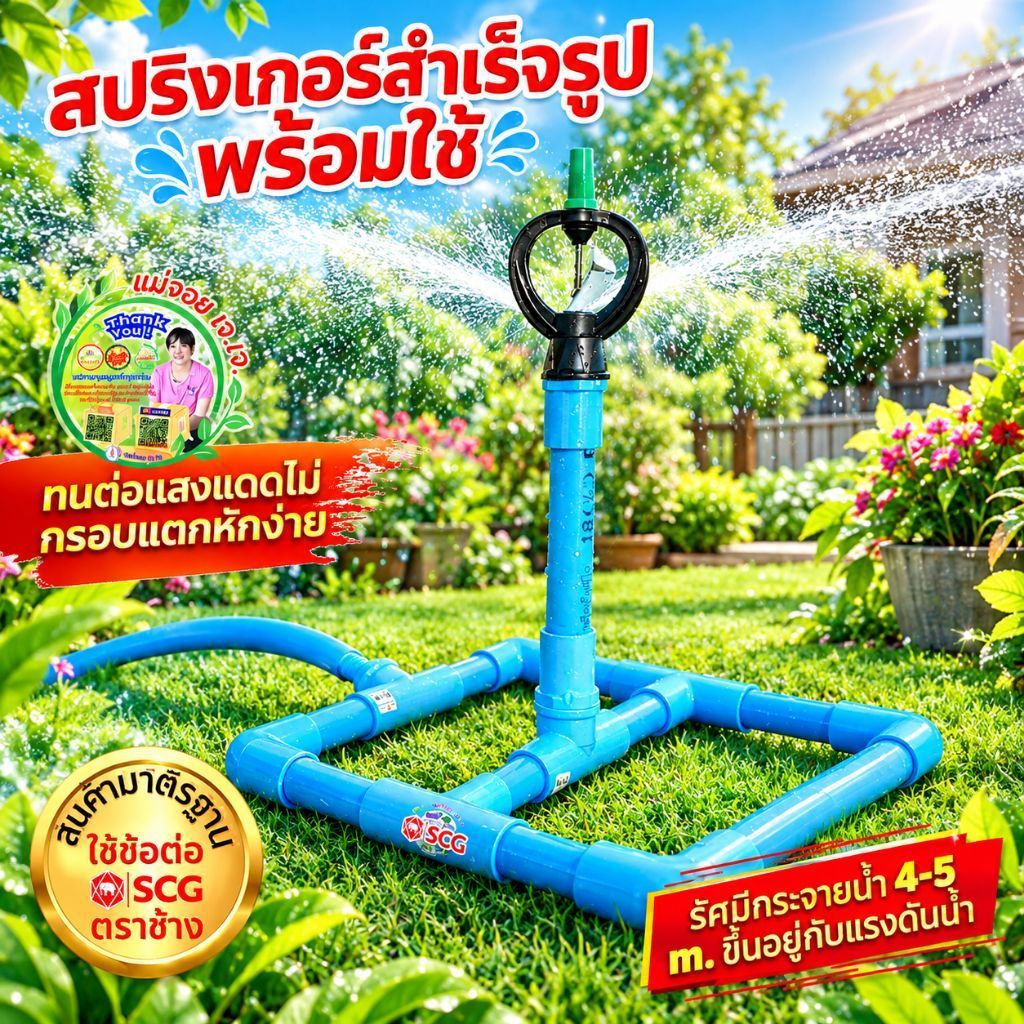 สปริงเกอร์รดน้ำต้นไม้ ,รดน้ำหลังคา สปริงเกอร์สำเร็จรูปพร้อมใช้ ใช้ข้อต่อSCG (ตราช้าง) เพื่อความคงทนแข็งแรงทนต่อแสงแดด