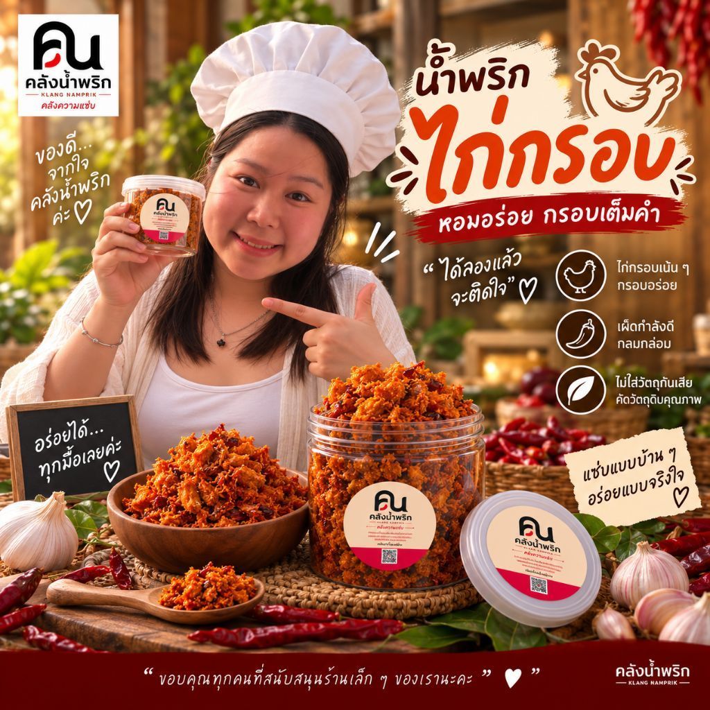 น้ำพริก ไก่กรอบ 100g ฝาซีลสุญญากาศเปิดง่าย ฝาครอบ 2 ชั้น กรอบนาน สะท้านโลกันต์ ไก่ชิ้นใหญ่เคี้ยวเพลิน - คลังน้ำพริก