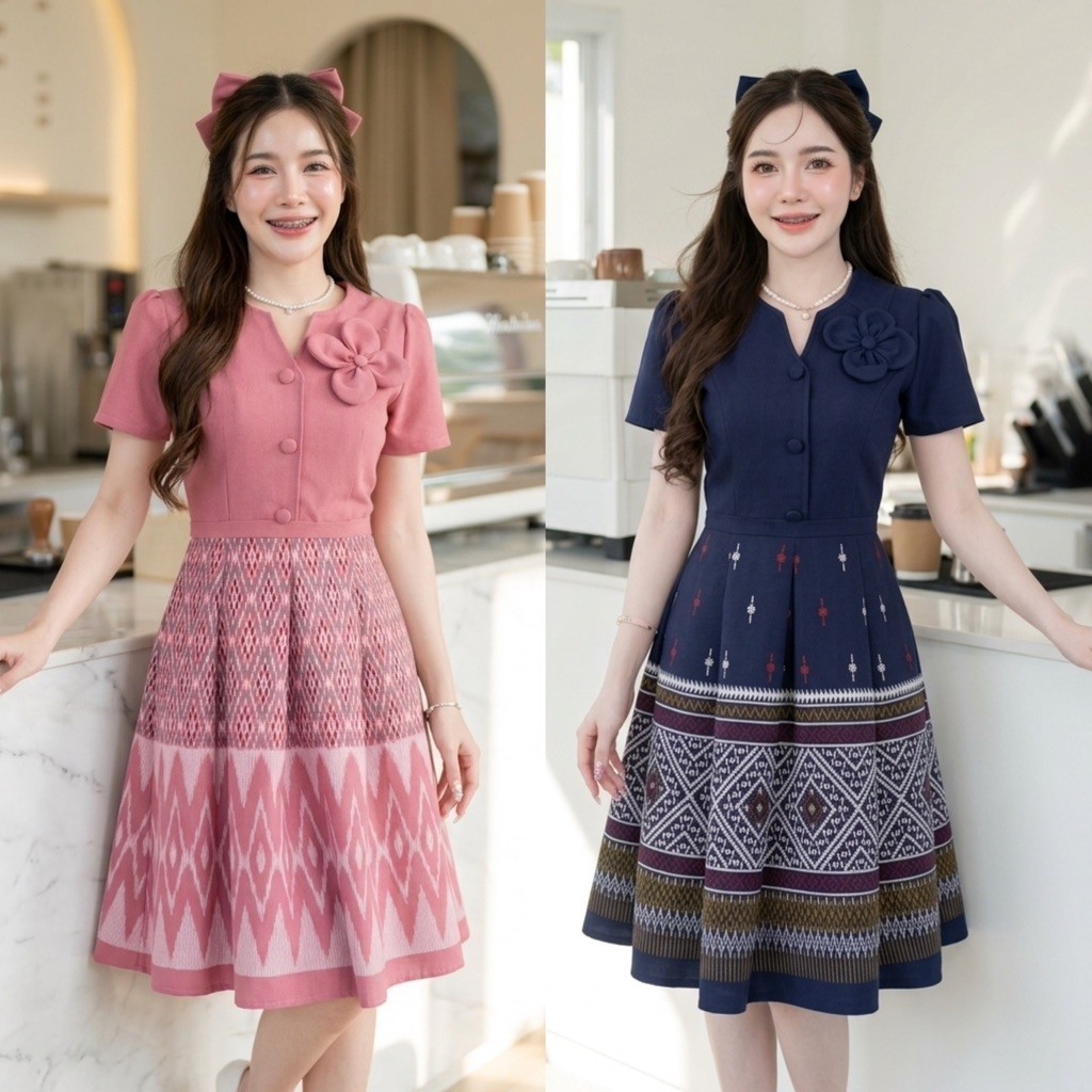 [SRY025]เดรสคอวีกระดุมหน้าS-6XL