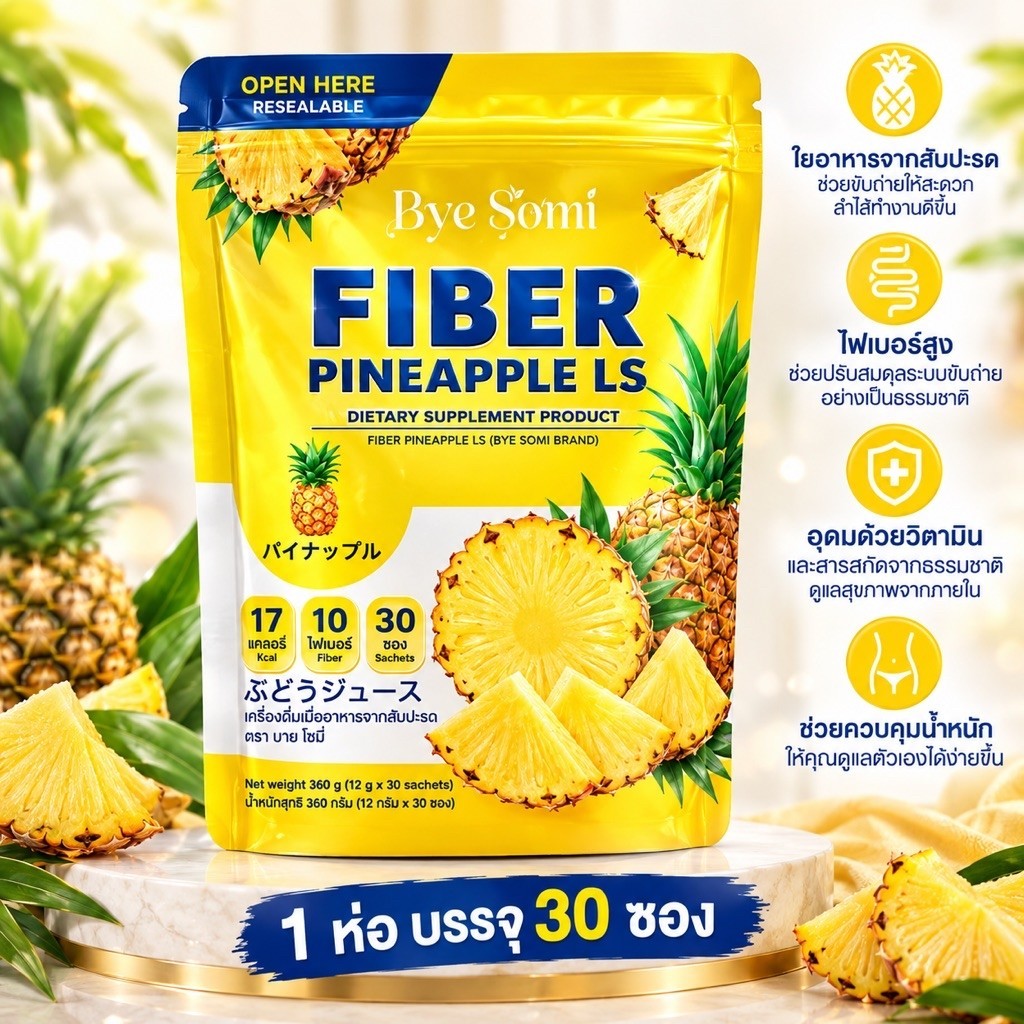 (1 ห่อ บรรจุ 30 ซอง ) BYE SOMI ไฟเบอร์สับปะรด แอลเอส FIBER PINEAPPLE LS 1 ห่อ มี 30 ซอง ผลิตภัณฑ์เสร