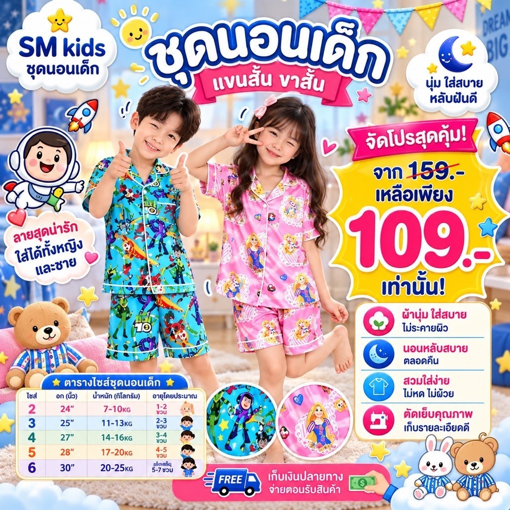 ชุดนอนเด็กแขนสั้นขาสั้น(ss)รวมการตูน