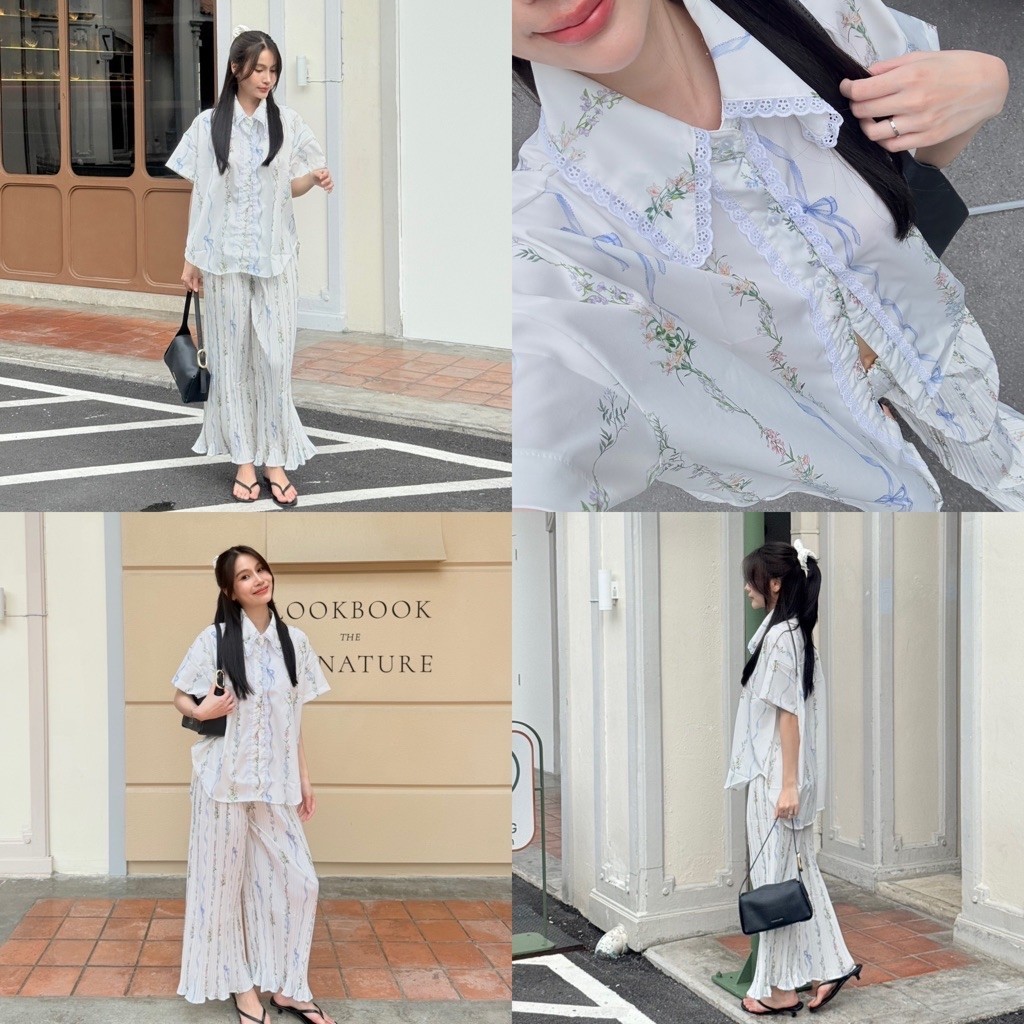 sawat bt " Petal pleat set " สินค้าใหม่พร้อมส่ง เซตอัดพลีทตัวเสื้อทรงหน้าสั้นหลังยาวoversize ตัวปกเปลี่ยนเป็นปกเชิ้ต