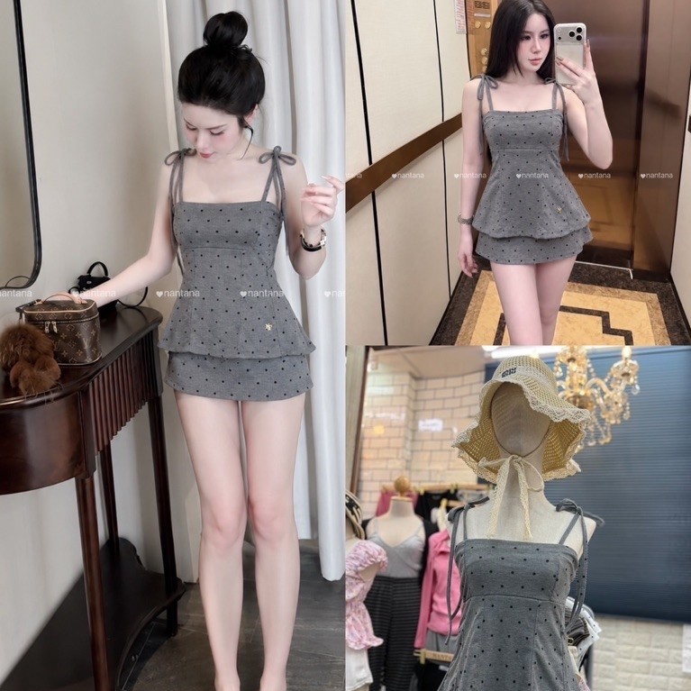 hmwe shop🍊สายเดี่ยวตัวปัง+กระโปรงpolkadot  งานปังสุดๆต้องมีนะค๊าา แมทสีเรียบๆ