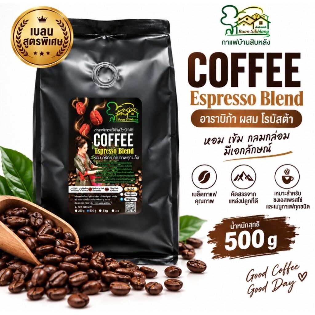 บ้านสิบหลัง กาแฟอาราบิก้า ผสมโรบัสต้า 500g เมล็ดกาแฟคั่ว Espresso