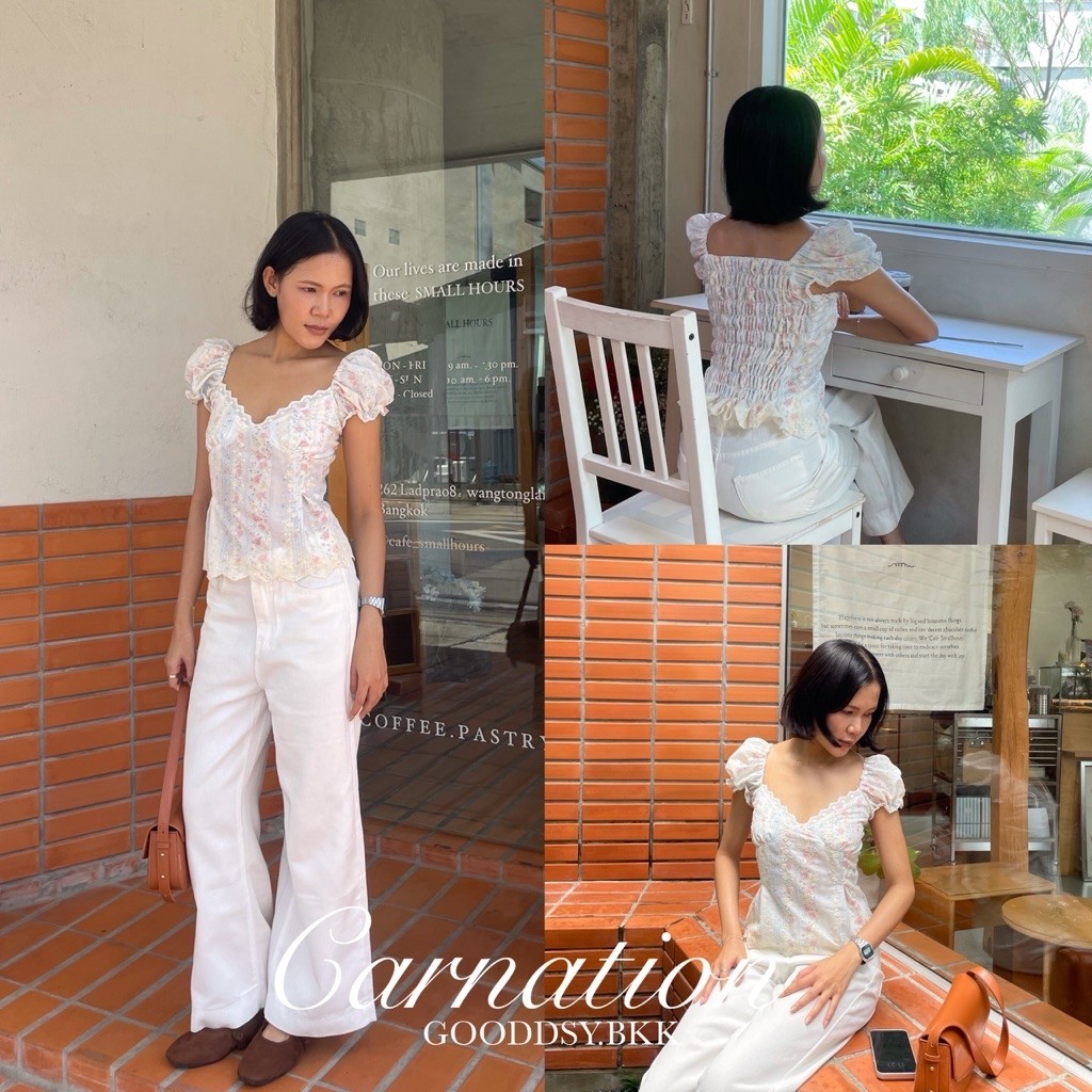 Gooddsy.bkk | (พร้อมส่ง ) Carnation เสื้อรัดรูปแขนตุ๊กตาผ้าปักลายดอกไม้ เสื้อแขนตุ๊กตาน่ารักๆ