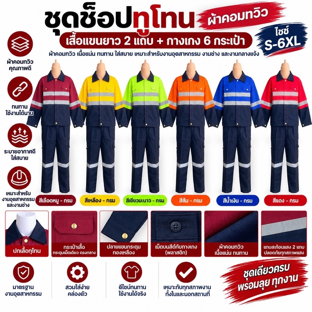 ชุดช็อปทูโทน เสื้อแขนยาว 2 แถบสะท้อนแสง กางเกง 6 กระเป๋า ชุดทำงานช่าง ผ้าคอมทวิว S-6XL