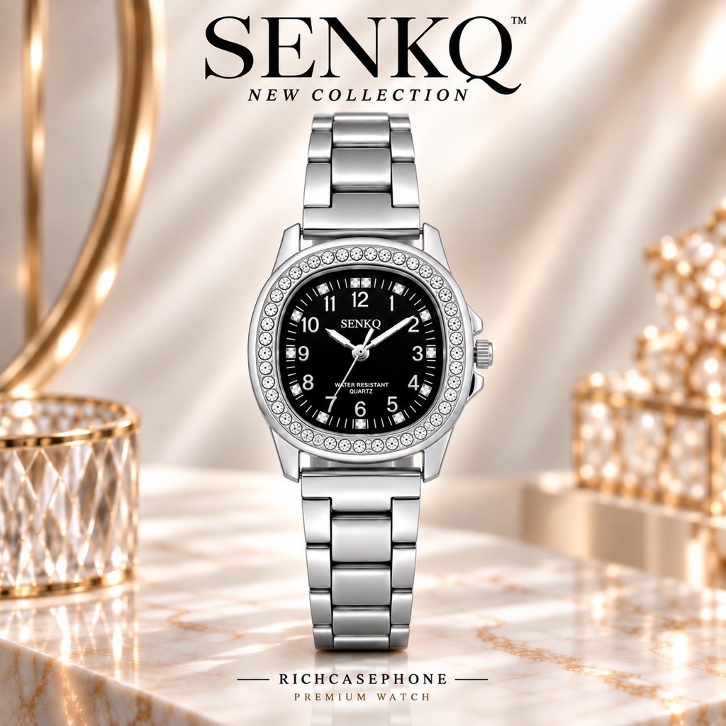 นาฬิกา SENKQ - เซนคิว แท้ รหัส SS344 หน้าปัดเหลี่ยม หลักตัวเลข ล้อมเพชร สายสแตนเลส มีหลายสี