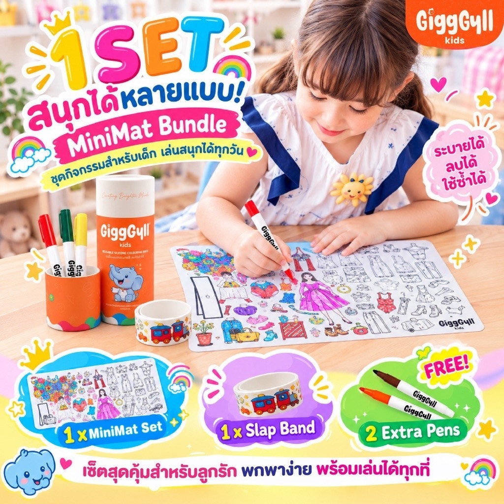 GiggGyll kids MiniMat Bundle + Free Gift 🎁 ตัวช่วยลดจอ ซิลิโคนแมทระบายสีลบได้ แบรนด์แรกในไทย 🇹🇭