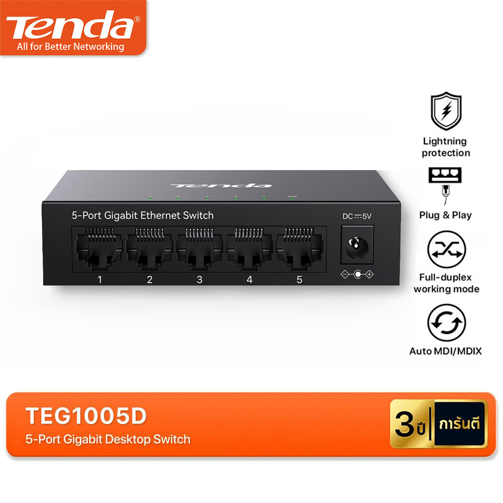 Tenda TEG1005D Gigabit Switch Hub สวิตช์กิกะบิต 5-port 10/100/1000Mbps Desktop ป้องกันฟ้าผ่า