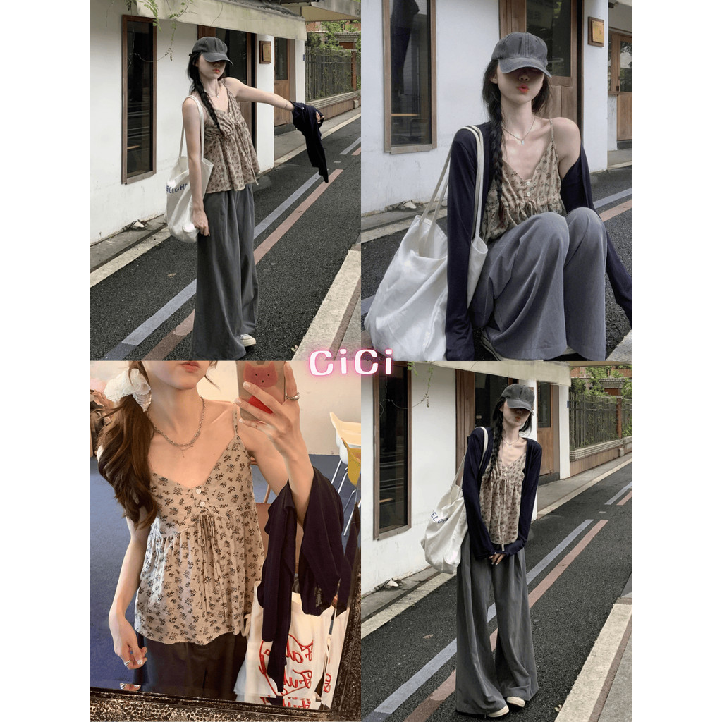 ส่งทันทีCici(NO. J2236)Set2ชิ้นเสื้อสายเดี่ยวกระดุมแต่งสายปรับได้ดีเทลจ้ำด้านหลังพิมพ์ลายดอกไม้+เสื้อกรมแขนยาว