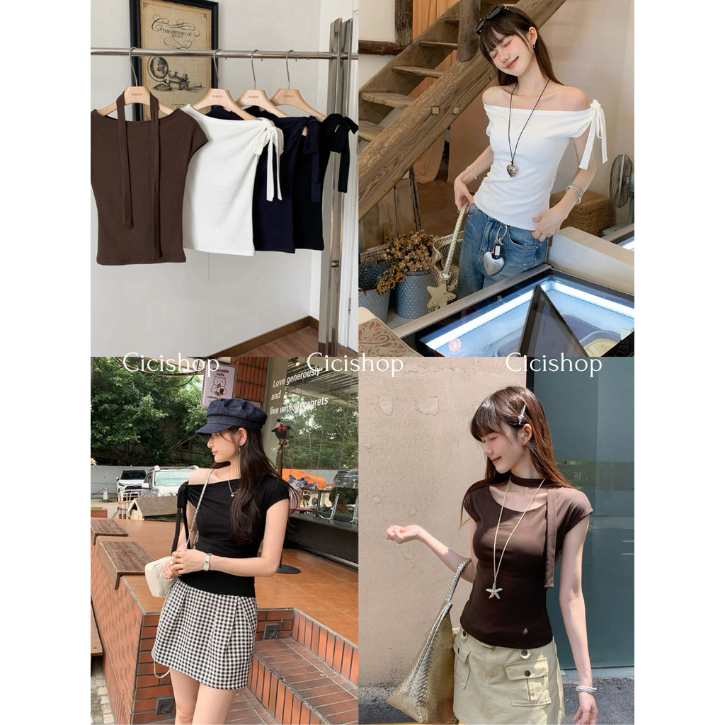 Cicishop(J2257) เสื้อปาดไหล่ ดีเทลมีเชือก ใส่ได้2แบบ ผ้าเด้งใส่สบาย ดูดีมาก