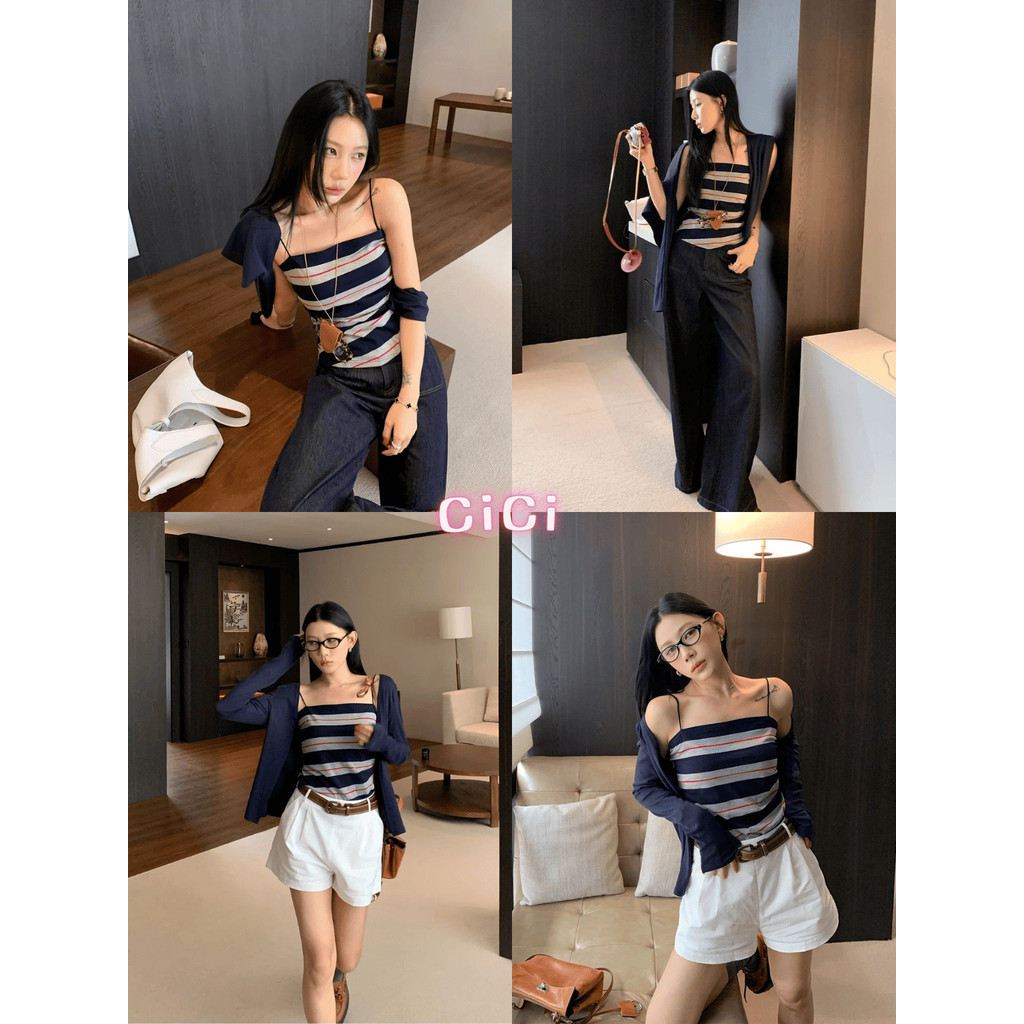 ส่งทันทีCici(NO. J2238) Set 2 ชิ้น เสื้อคลุมแขนยาว+สายเดี่ยวลายทาง รัดรูปมินิมอล แฟชั่นสาวคาเฟ่ สไตล์สาวเท่