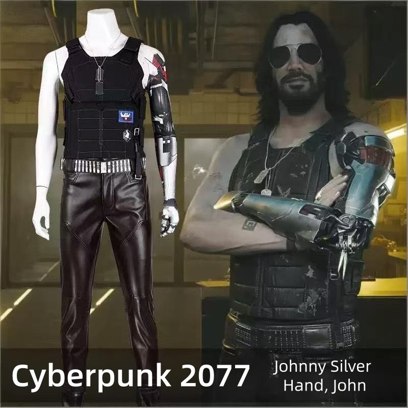 เกม 2077 Johnny Silverhand ชุดคอสเพลย์ฮาโลวีนคาร์นิวัลเสื้อกั๊กผู้ชายกางเกงพร้อมชุดเครื่องประดับ