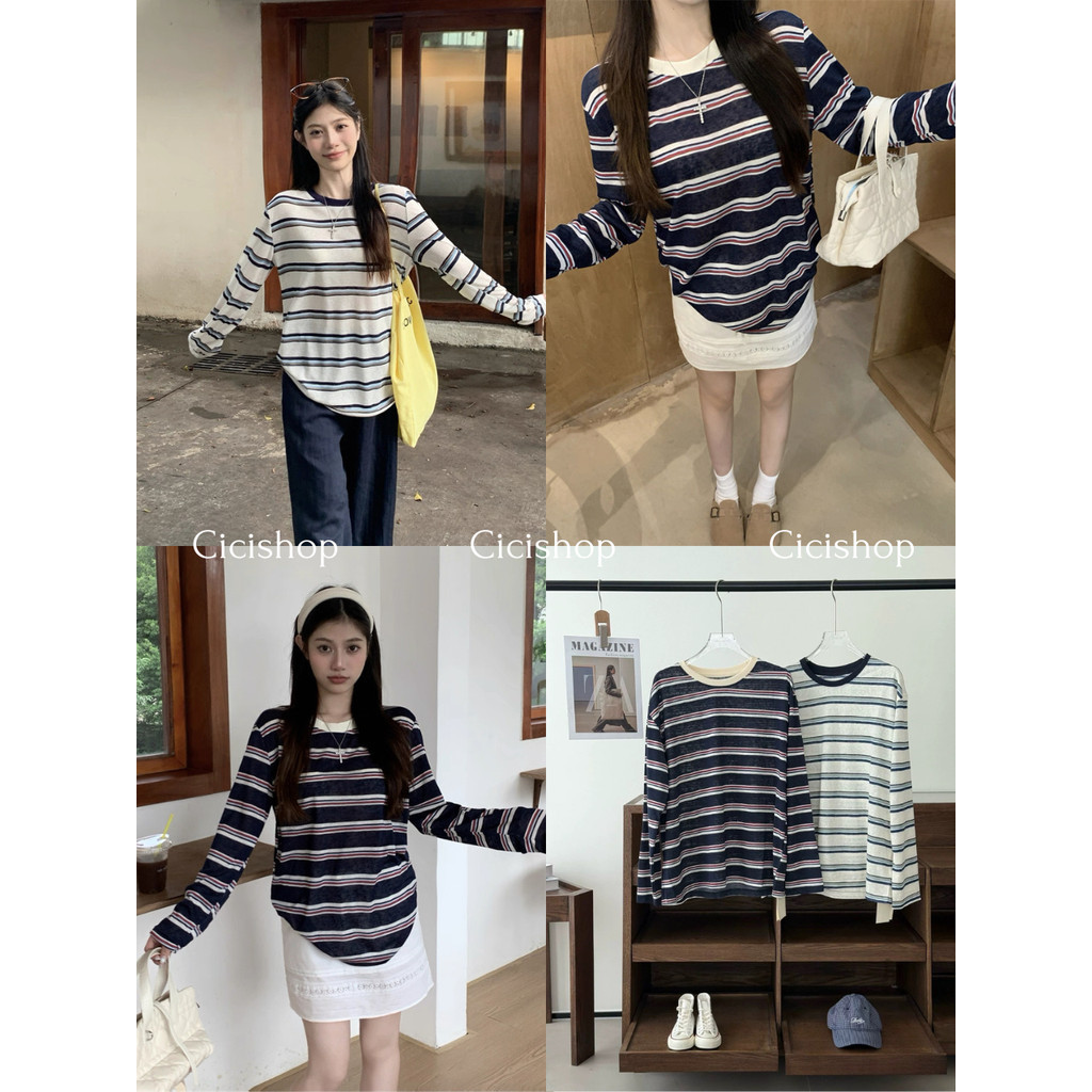 Cicishop(88100) เสื้อยืดแขนยาวลายทาง ทรงโอเวอร์ไซส์ ผ้าใส่สบายไม่ร้อน ใส่คลุมเสื้อนักเรียนได้
