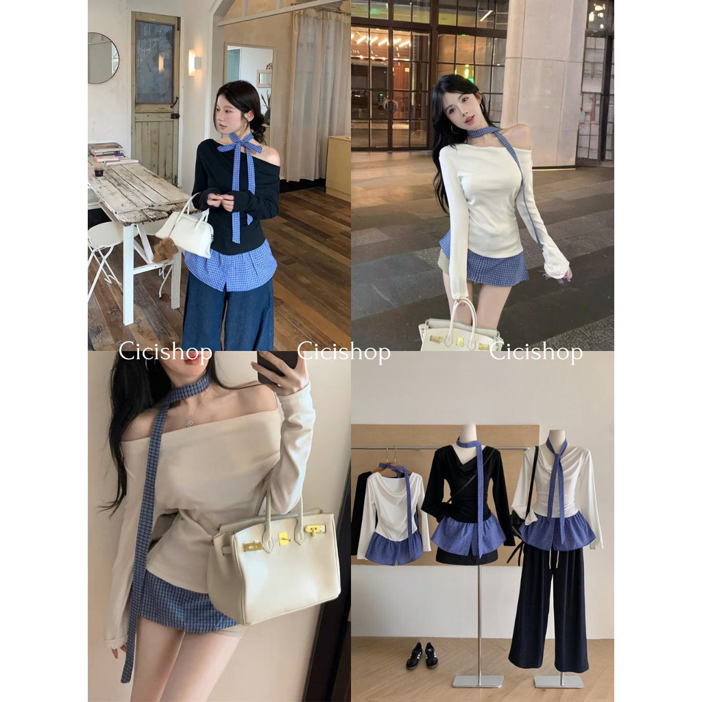 Cicishop(J2265) เสื้อแขนยาวปาดไหล่ ปลายแต่งลายสก็อตผ่าด้านหน้า ผ้ายืดนิ่มใส่สบายทรงเข้ารูป แถมผ้าพันคอ