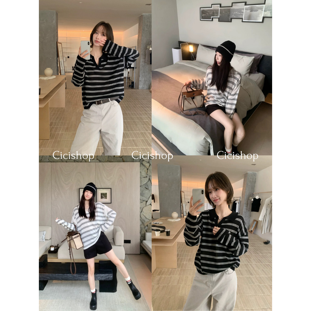 Cicishop(A2905-1) เสื้อไหมพรมเส้นเล็กคอปกแขนยาวแต่งลายทาง ดีไซส์สีสุภาพใส่ได้ทุกโอกาส ผ้าใส่สบายไม่ร้อน แมทช์ได้ทุกลุค